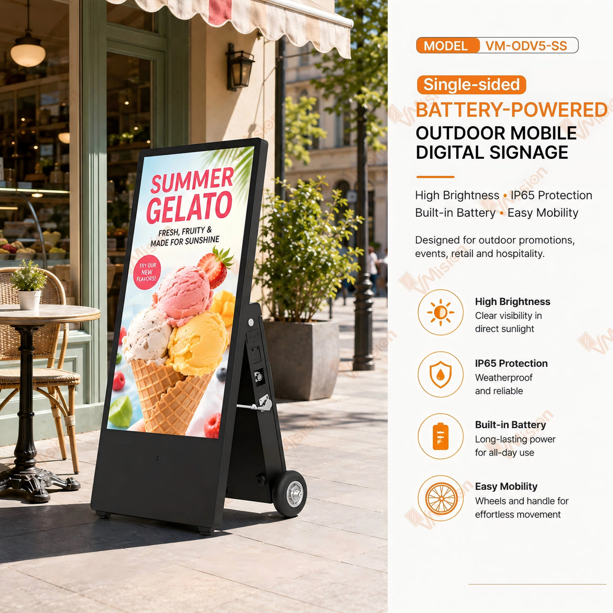 VM-ODV5-SS Outdoor Battery-Powered Mobile Digital Signage – Single-Sided